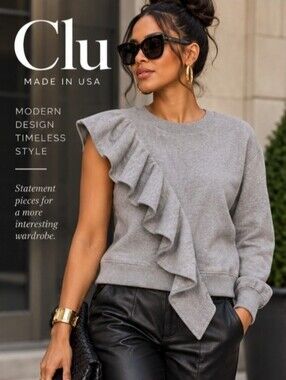 Clu Women’s XS Gray One Sleeve Ruffle Sweatshirt  NWT Made in USA Asymmetrical